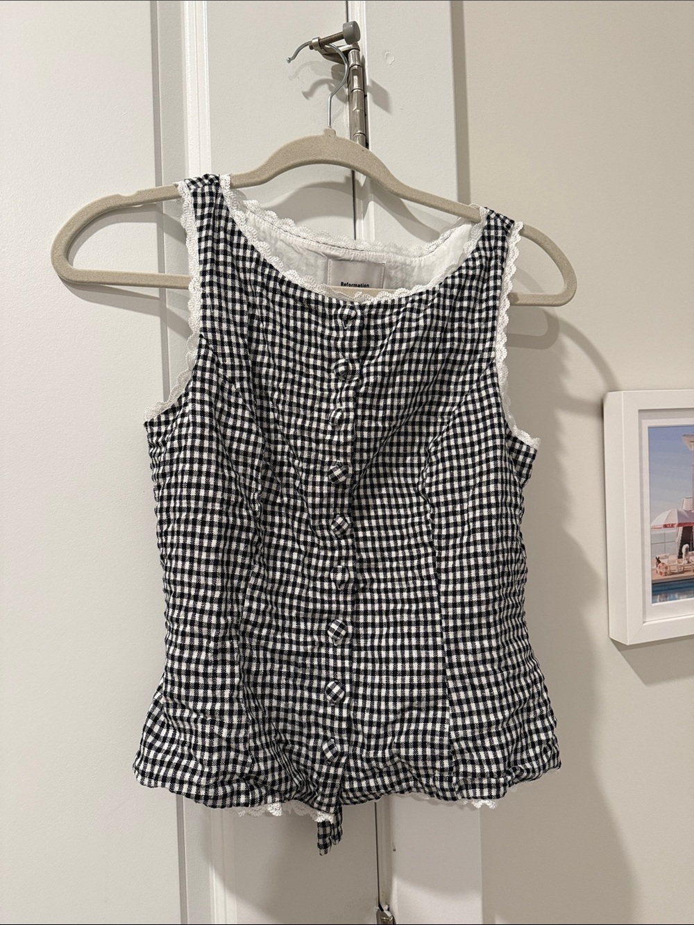 Reformation Black & White Gingham Button-Front linen top
